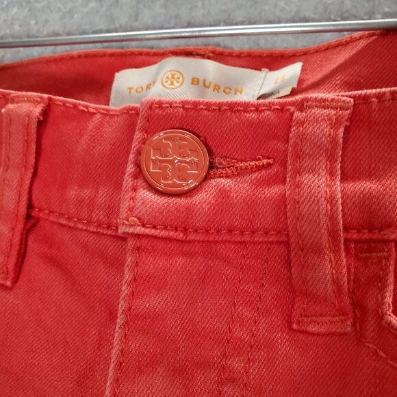 Tory Burch Women Jeans 25 Red Denim Skinny Mid Rise Pockets Logo 27" Inseam - Picture 9 of 11